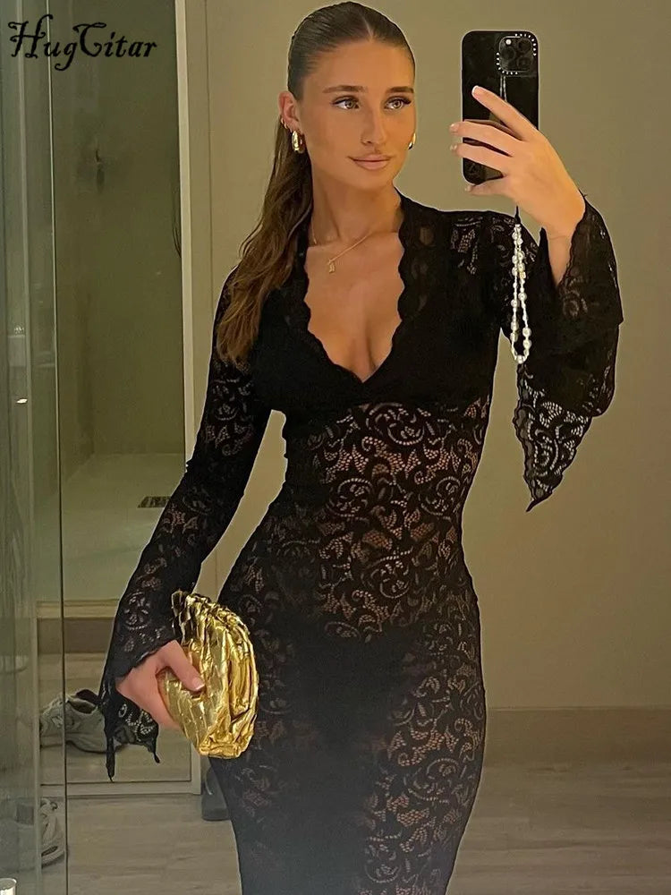 Hugcitar Maglia con stampa floreale Scollo a V Manica lunga svasata Abito lungo trasparente sexy Primavera Abiti moda donna Vacanza al mare Club