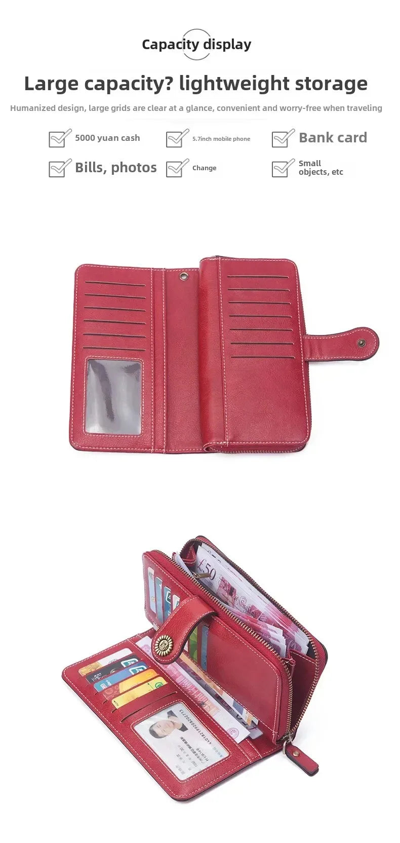 Portafoglio da donna di alta qualità, antifurto, in pelle, con cerniera lunga, grande, pochette da donna, porta carte.