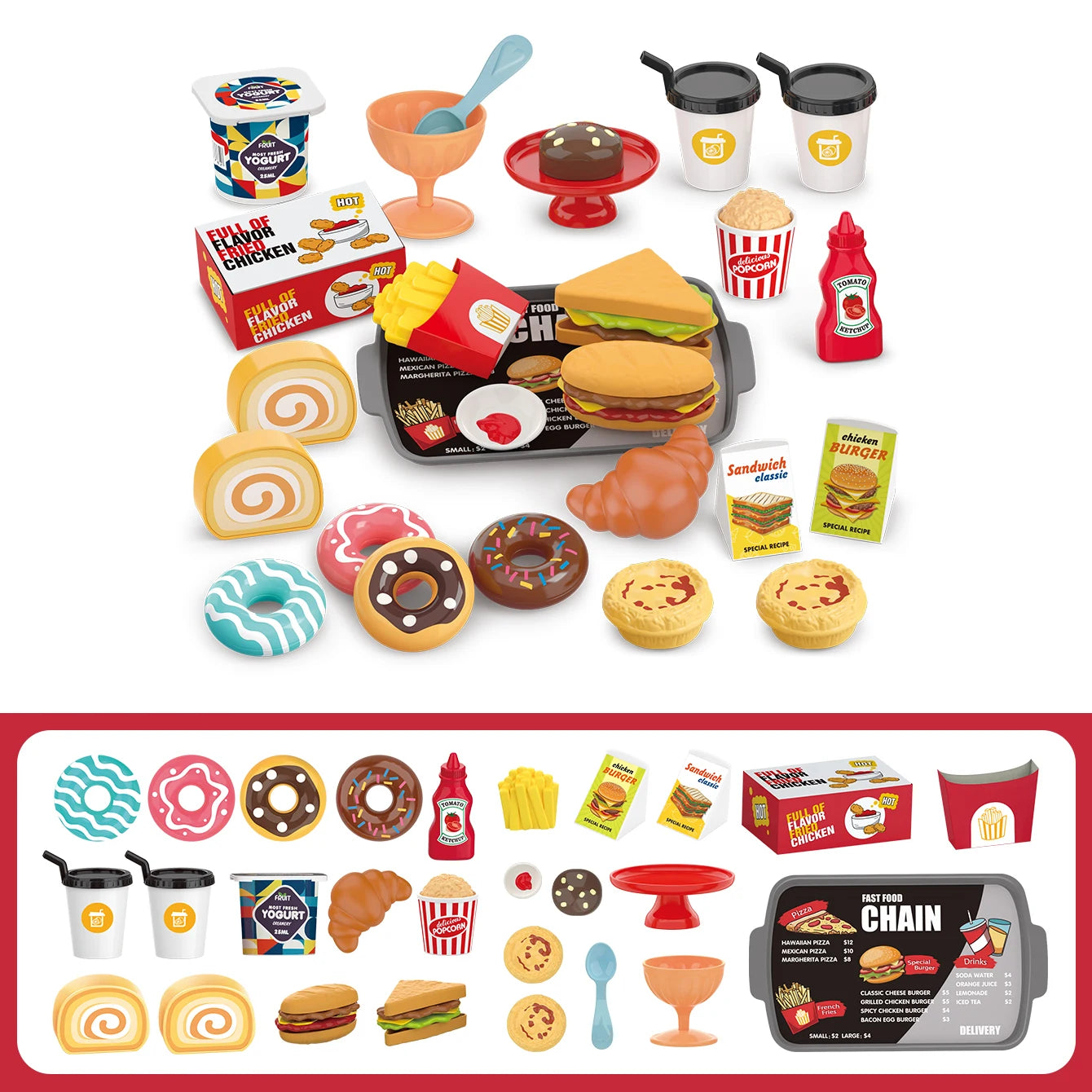 Giochi per bambini: giochi di finzione, barbecue, fast food, pizza, sushi, tè pomeridiano, dessert, cibo da cucina, set di giocattoli
