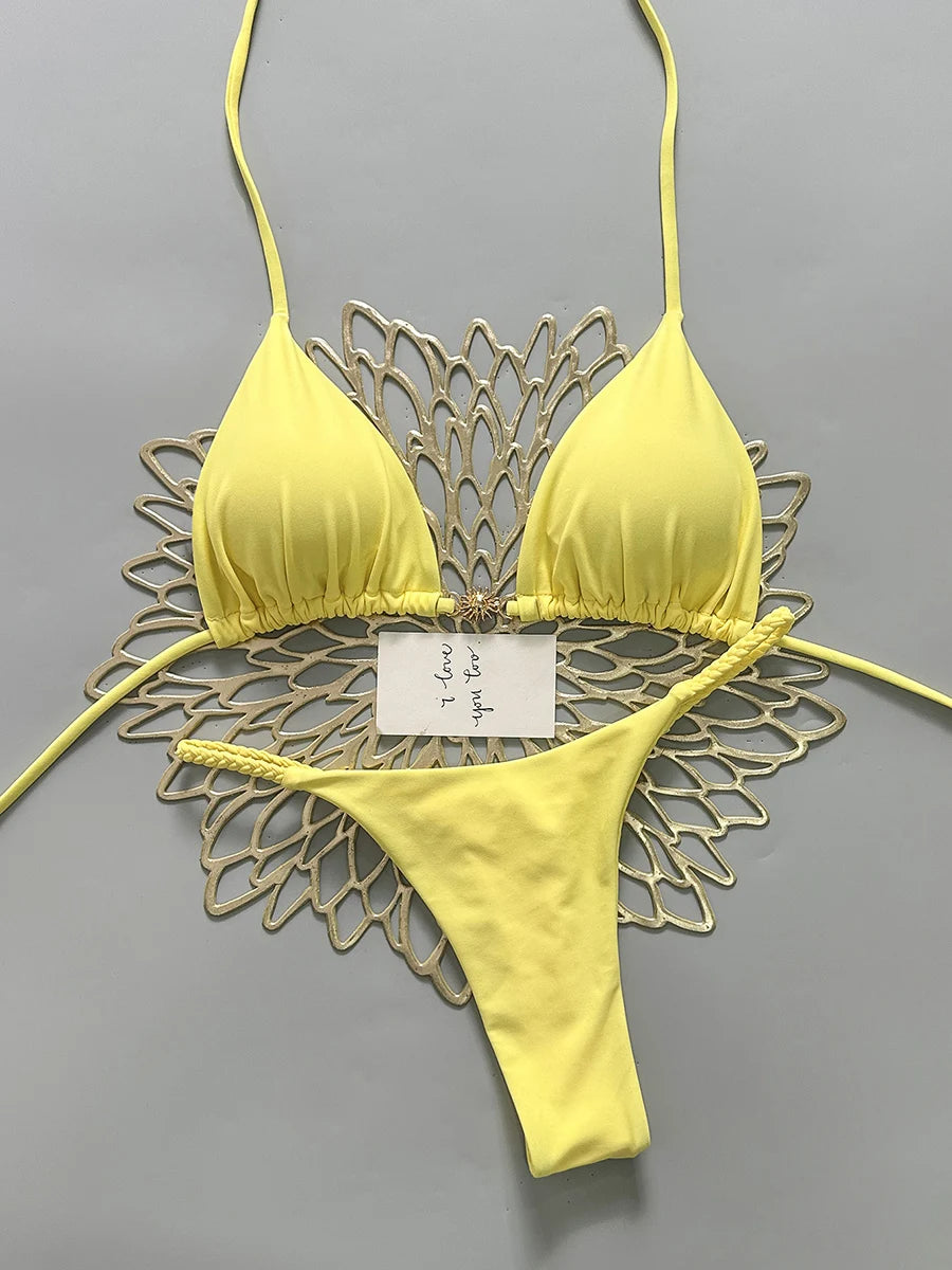 2026 Costume da bagno bikini da donna Costume da bagno sexy con lacci in tinta unita diviso da donna Set da 2 pezzi Micro costumi da bagno