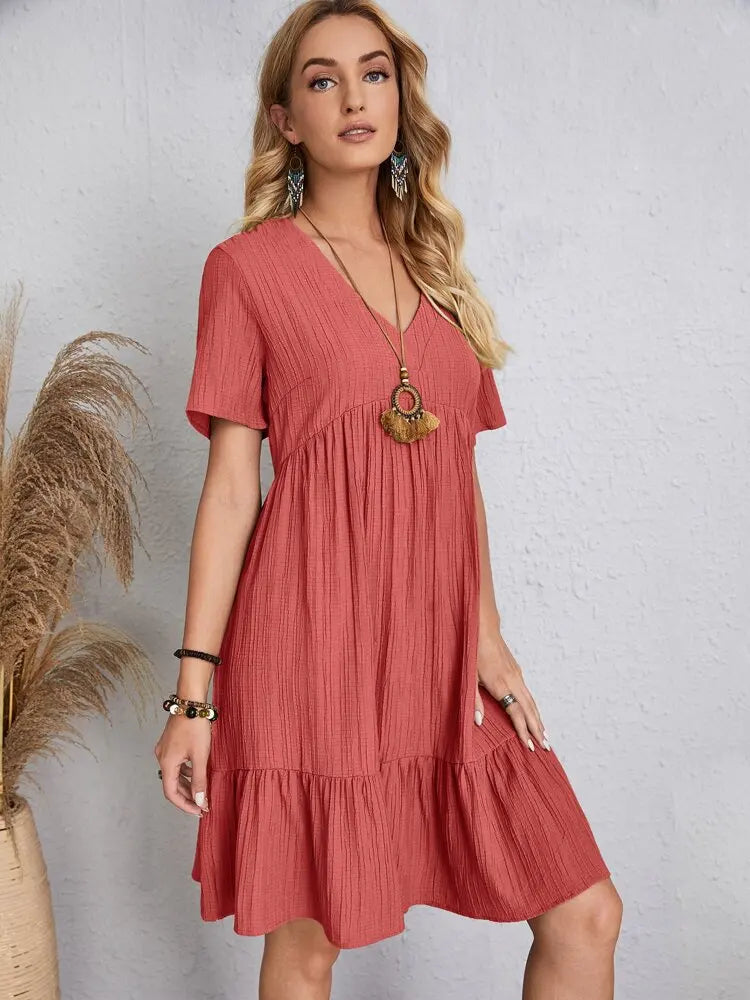 Elegante solido scollo A V A Line Dress 2024 nuova estate Ruffles allentato Mini abito Casual manica corta Beach Party Vestidos Streetwear