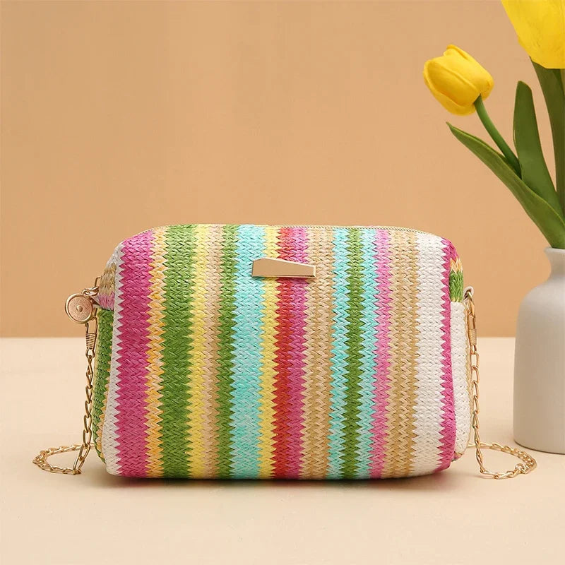 Borsa di paglia da donna in maglia di Rattan borsa da spiaggia con catena estiva piccola borsa e borsa a tracolla da donna borsa a tracolla con Design da viaggio