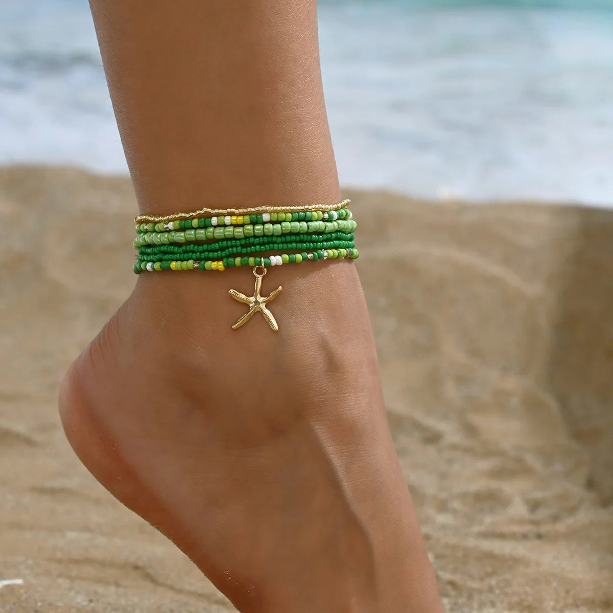 Set da 6 pezzi Cavigliera con stella marina in rilievo con sfera rotonda in acrilico da spiaggia estiva per donna Accessorio per le vacanze con gioielli multistrato di tendenza retrò