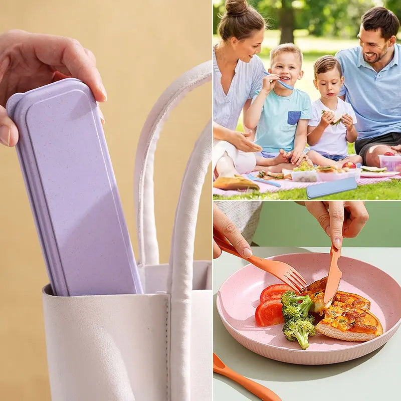 3In1 Set di stoviglie in paglia di grano Set di posate riutilizzabili portatili Coltello Forchetta Cucchiaio Bacchette Scatola di utensili da viaggio Stoviglie da campeggio