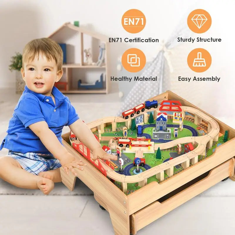 Tavolo con set trenino in legno per bambini con 100 pezzi multicolori e ruote bloccabili