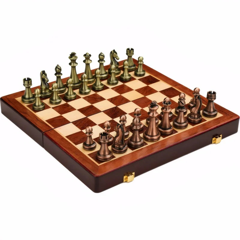 Set di scacchi di alta gamma 30 cm/11,8 pollici, bronzato anticato, scatola pieghevole in legno massello, pezzi degli scacchi in lega pesata, regalo di Natale.