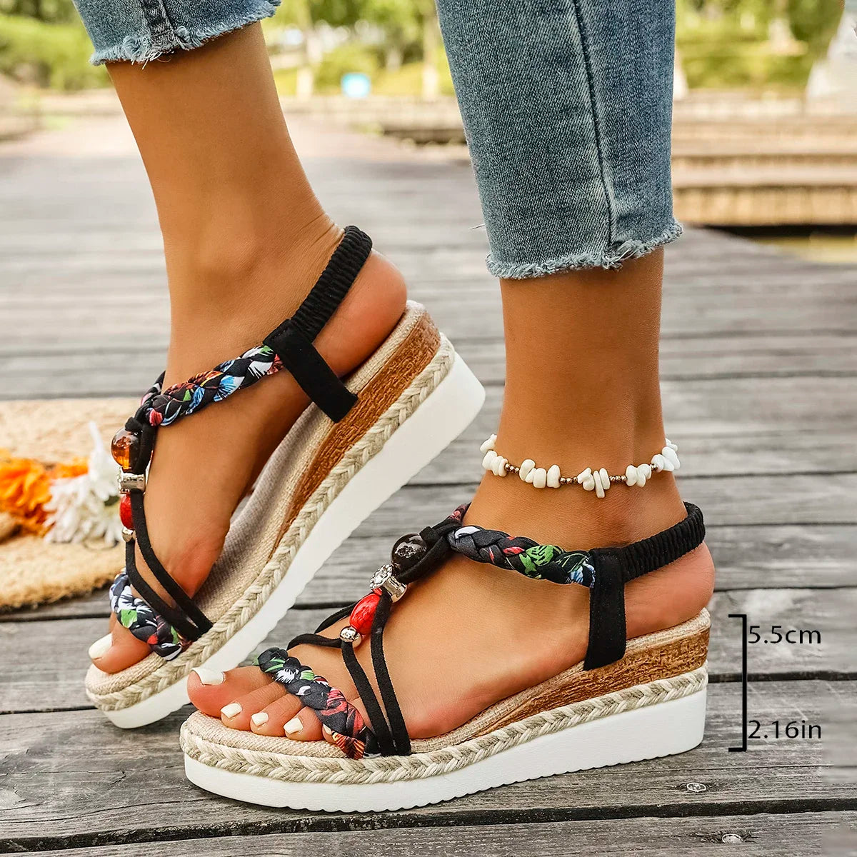 Sandali con plateau con cinturino a T alla moda per donna Nuovi sandali con zeppa con fascia elastica di colore misto Donna Sandali estivi con punta aperta quotidiana Donna