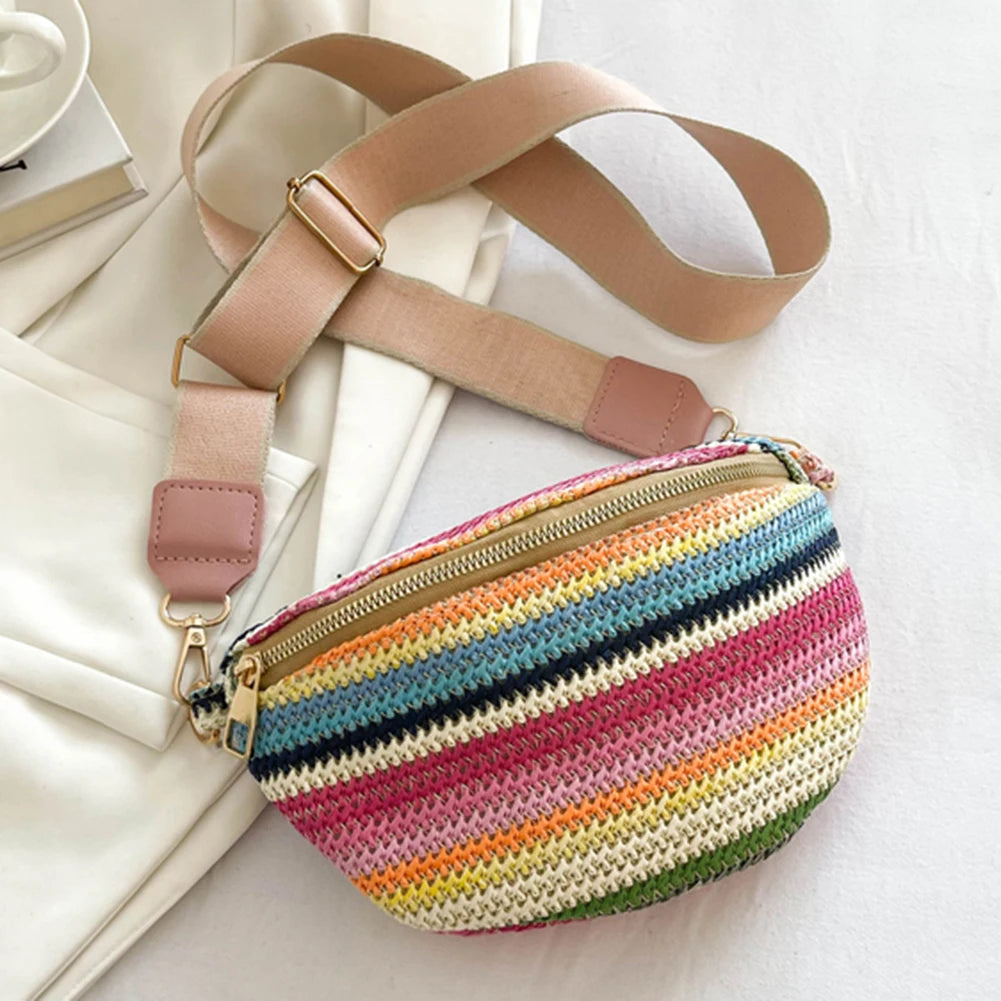 Marsupio a righe arcobaleno, marsupio in paglia intrecciata alla moda, con tracolla regolabile, semplice, portatile, colorato, per vacanze e weekend