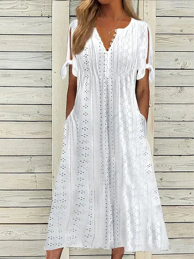 Abito Midi Estivo da Donna Boho con Occhielli e Spalle Scoperte, Maniche Corte, Scollo a V, Bottoni, Vestibilità Ampia, Stile Casual a Trapezio con Tasche