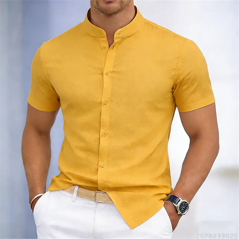 Camicia da uomo a maniche corte con colletto rialzato, bianca o nera, tinta unita, vestibilità slim, top da uomo business casual, taglie XS-6XL.