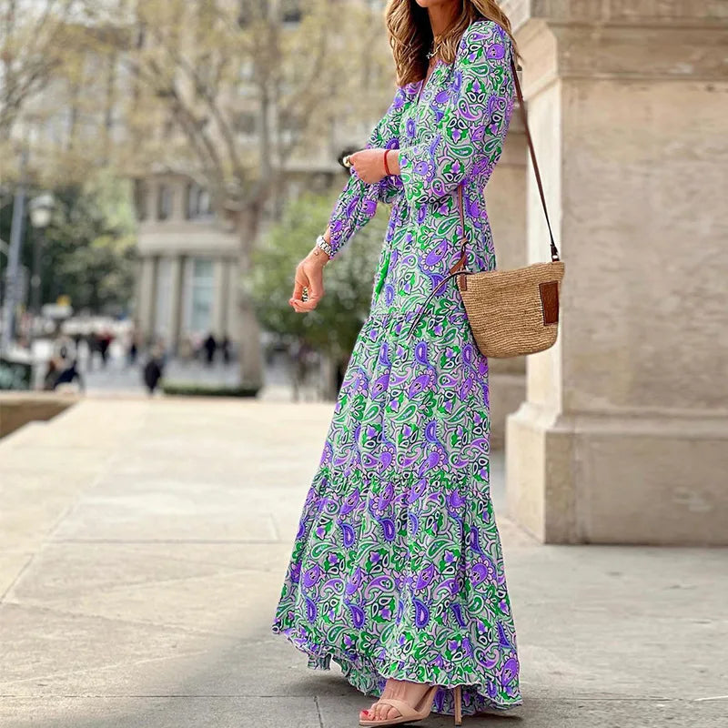 Abiti Estivi da Donna, Nuova Moda, Stampa Elegante, Scollo a V Sexy, Maniche Lunghe, Vita Alta Elasticizzata, Lunghezza Media, Stile Bohémien