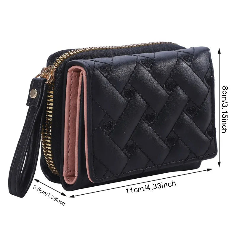 Portafoglio da donna per pelle PU moda ricamato amore tri-fold piccolo portafoglio porta carte portamonete multi-slot per carte interno rosa