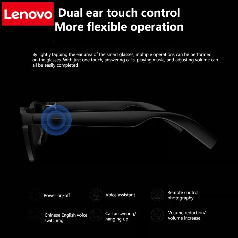 Occhiali intelligenti Lenovo AI con controllo remoto, fotografia touch, assistente vocale, chiamate Bluetooth wireless, cuffie per uomo e donna, idee regalo