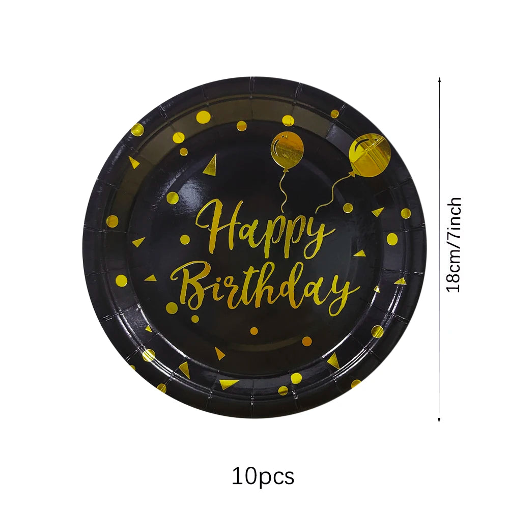 Set di stoviglie usa e getta per compleanno in oro nero, piatti di carta, tazze, tovaglioli, tovaglie, decorazione per feste di buon compleanno per adulti, matrimonio