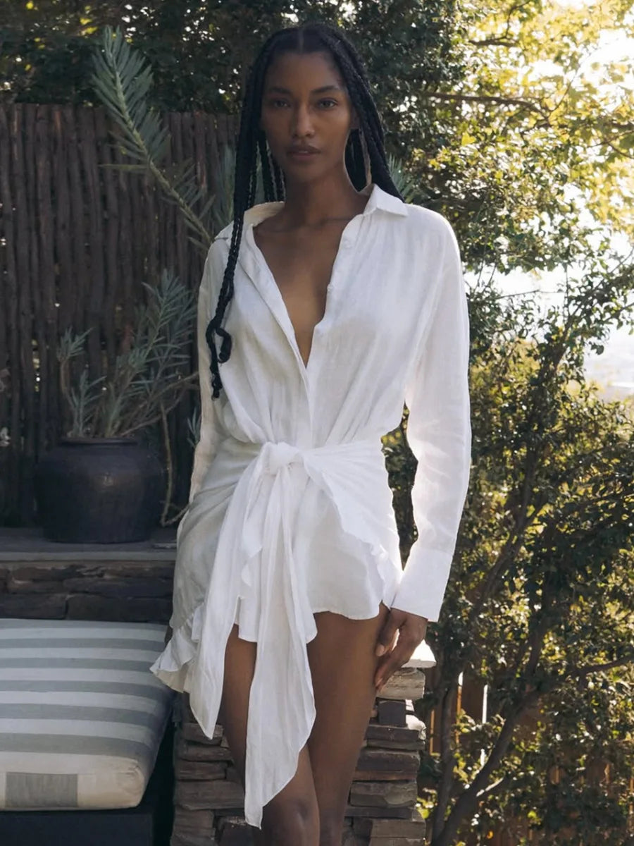 Abito chemisier casual da donna tinta unita con lacci, estivo, con risvolto, maniche lunghe, bottoni, mini abito plissettato, copricostume da spiaggia, outfit per vacanze 2026