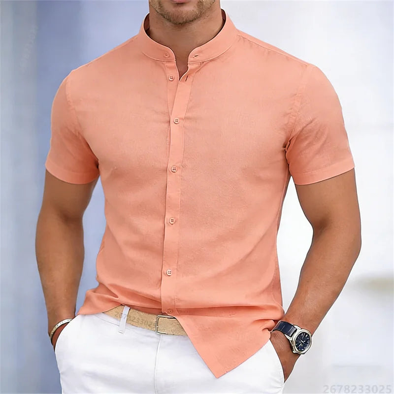 Camicia da uomo a maniche corte con colletto rialzato, bianca o nera, tinta unita, vestibilità slim, top da uomo business casual, taglie XS-6XL.