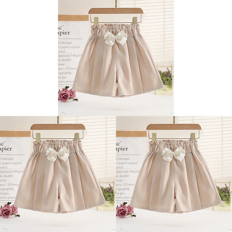 1/2/3 Pezzi Pantaloncini Larghi Estivi per Ragazze, Abbigliamento Casual da Esterno, Pantaloncini Sottili Traspiranti, Gonnellino con Fiocco, Abbigliamento Moda Bambina