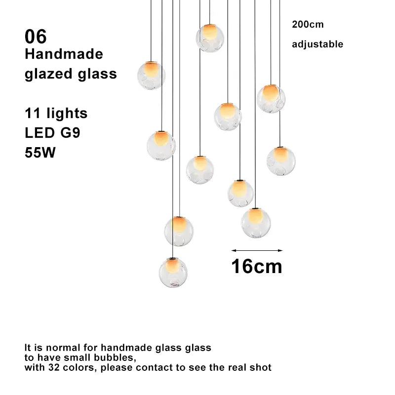 Modern LED home interior lighting ceiling chandelier, coloured glass lustre, dimmable, suitable for living room and staircase