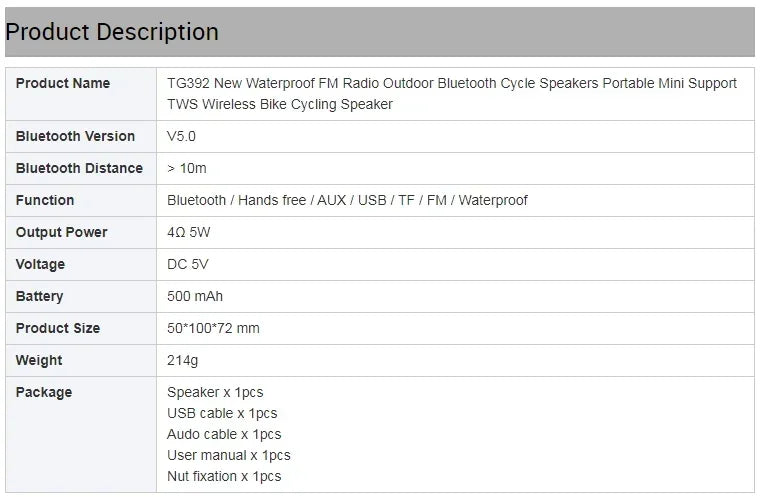 TG392 Mini altoparlante Bluetooth portatile per bicicletta da esterno Radio FM impermeabile Supporta altoparlante wireless per bicicletta subwoofer TWS/TF/AUX