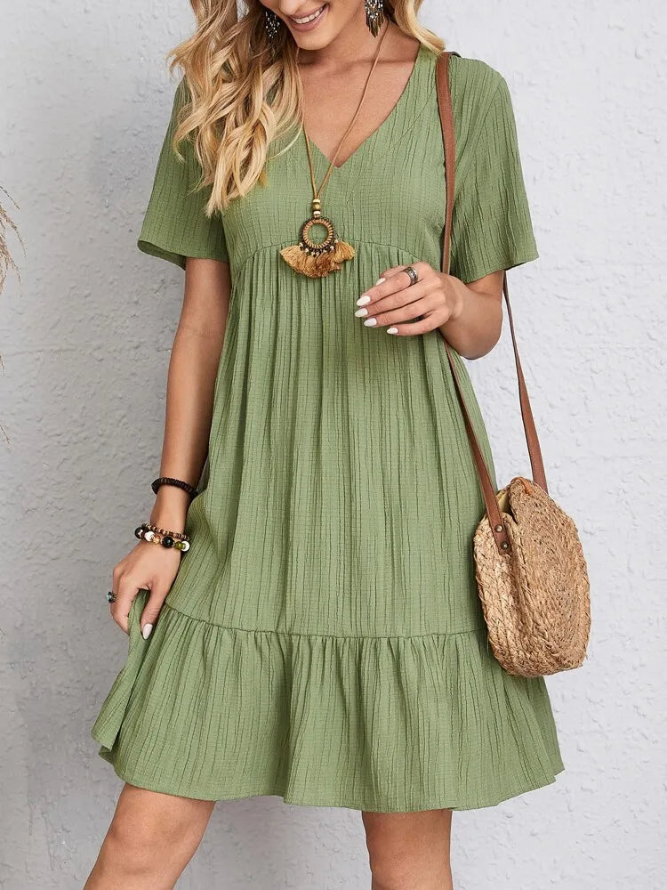 Elegante solido scollo A V A Line Dress 2024 nuova estate Ruffles allentato Mini abito Casual manica corta Beach Party Vestidos Streetwear