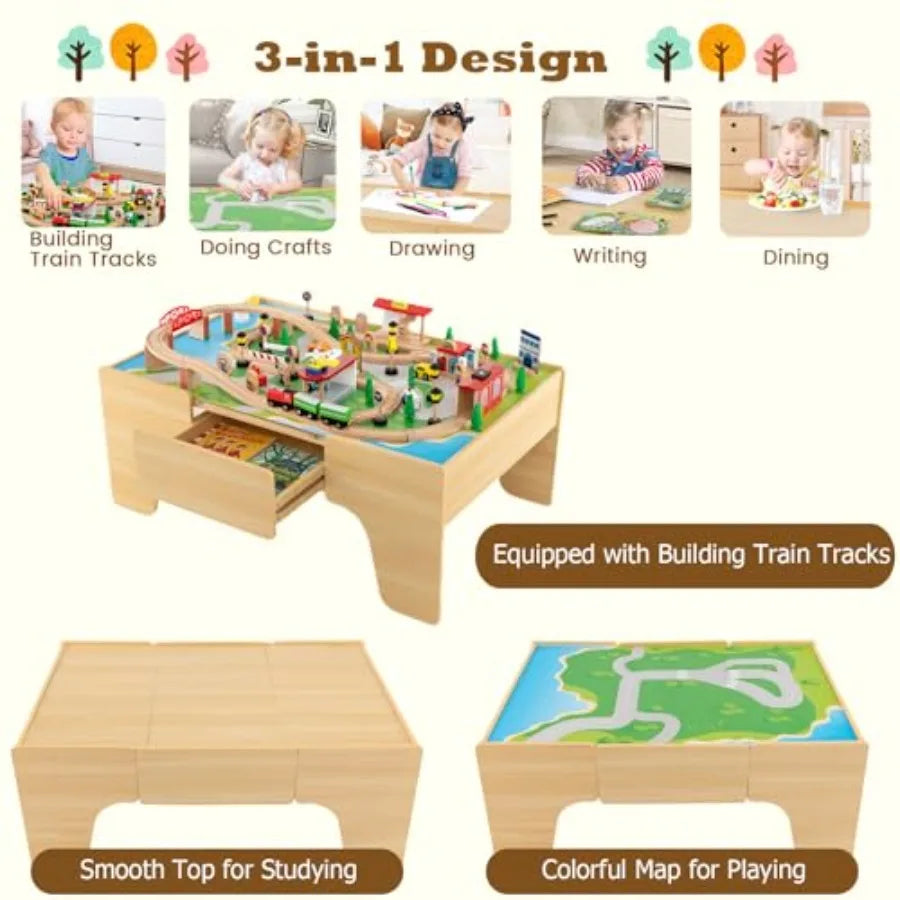 Tavolo da Treno, Set Treno in Legno 3-in-1 con 84 Pezzi di Pista Reversibile, Cassetto Portaoggetti per Costruire e Giocare