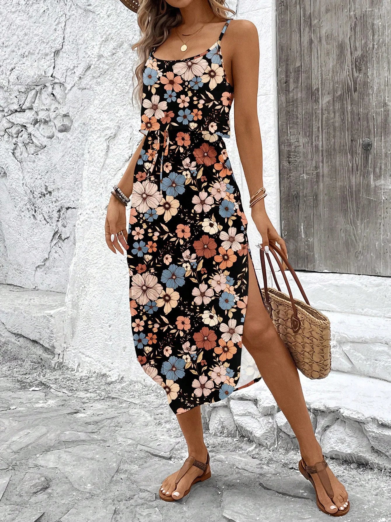 Abito estivo da donna con cinturino spaghetti con cintura e spacco laterale - Abito fluido casual senza maniche