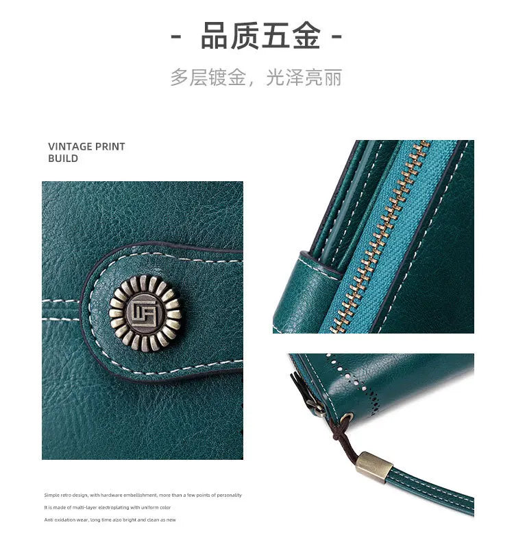 Borsa a mano in pelle cerata con blocco RFID, porta carte di credito multifunzionale a doppia piega, portafoglio da donna lungo retrò di grande capacità
