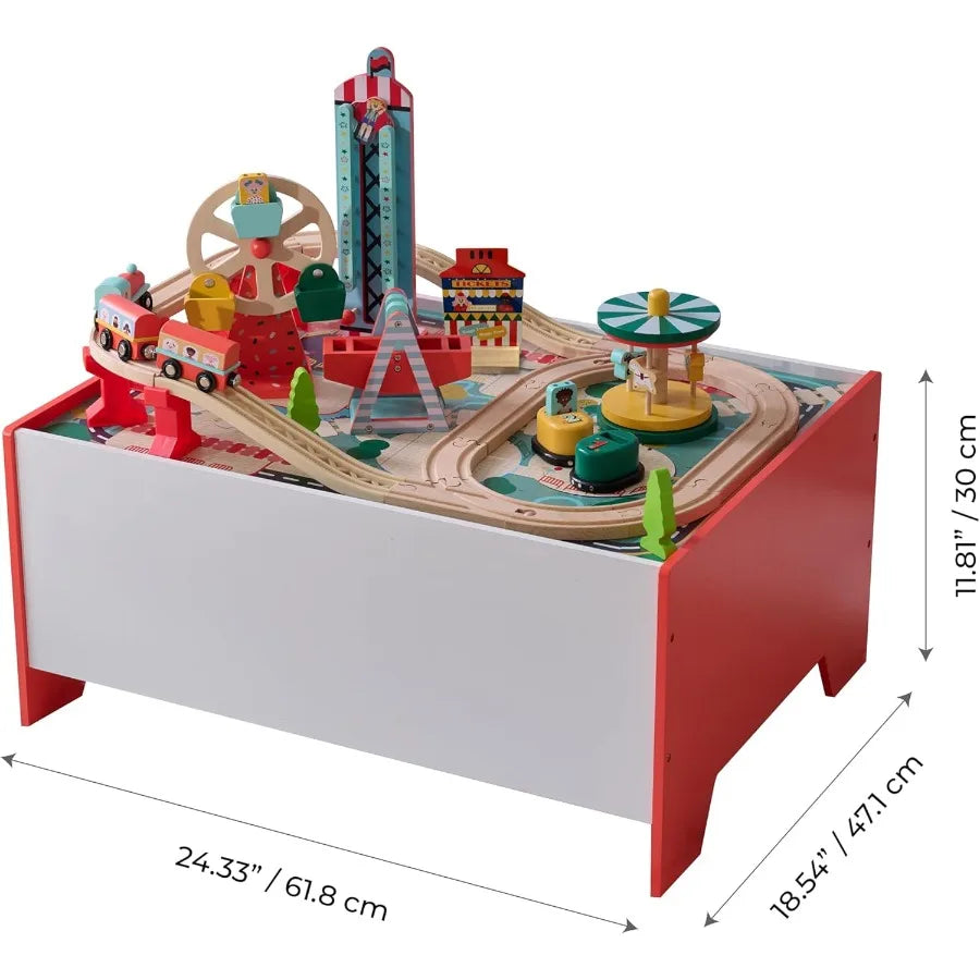 Tavolo da treno in legno – Set da gioco per parco divertimenti a tema carnevale con ruota panoramica, carosello e binario del treno – Giocattolo interattivo per bambini