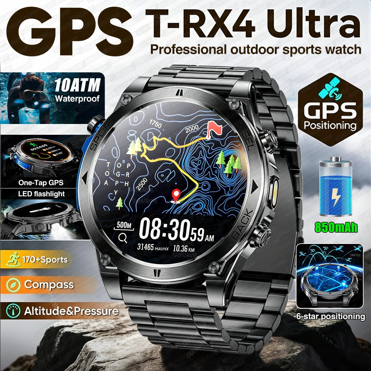 Nuovo Smartwatch GPS T-RX4 Ultra 2026 per Uomo, Posizionamento GPS a 6 Stelle, Impermeabile 10ATM, Batteria 850mAh, Bussola, 170+ Modalità Sportive
