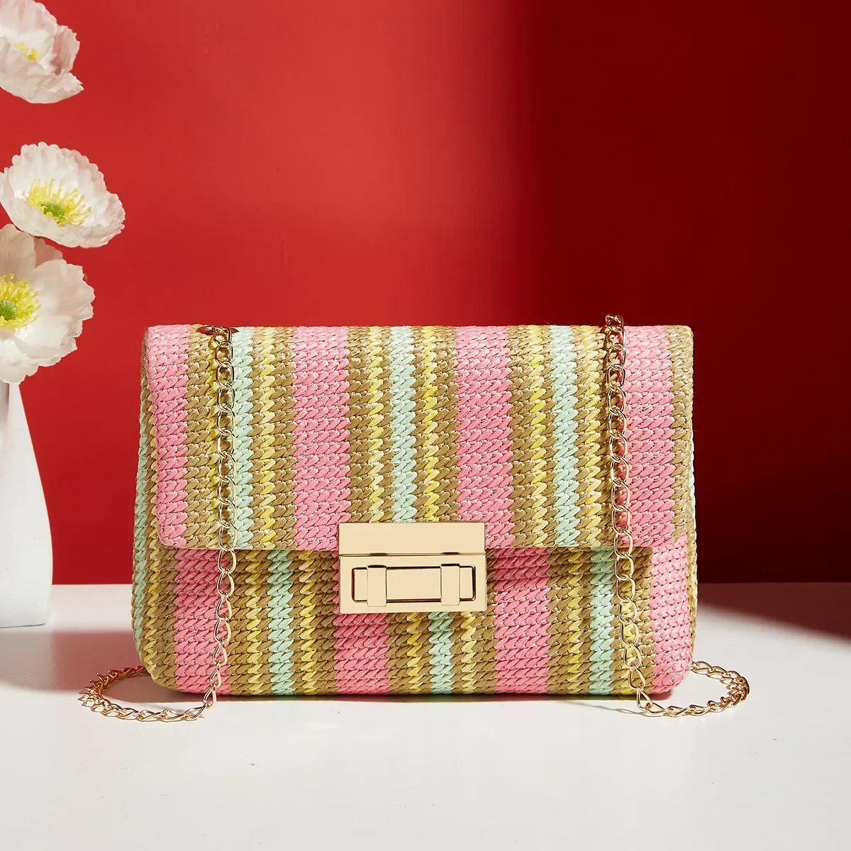 Borsa a mano con pochette in paglia a righe multicolori per donna Borsa a tracolla a tracolla con tracolla da spiaggia estiva in tessuto casual in pelle PU
