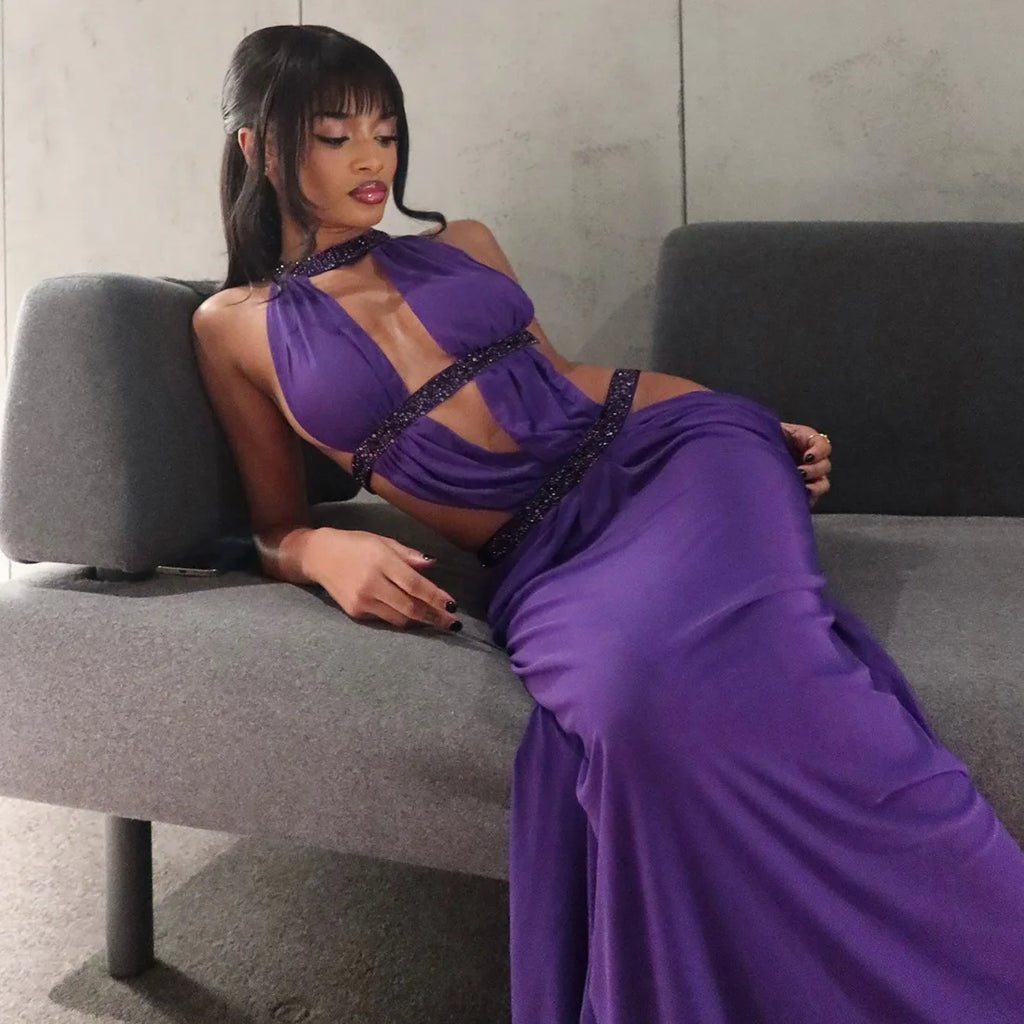 Abito lungo da donna sexy Halter scava fuori senza schienale senza maniche increspato abiti lunghi da sera Party Chic Robe verde viola estivo