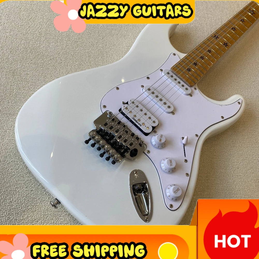 Chitarra Elettrica Bianca ST con Pickup SSH, Corpo in Ontano, Manico in Acero con Intarsi a Stella, Ponte Tremolo Floyd Rose, Spedizione Gratuita