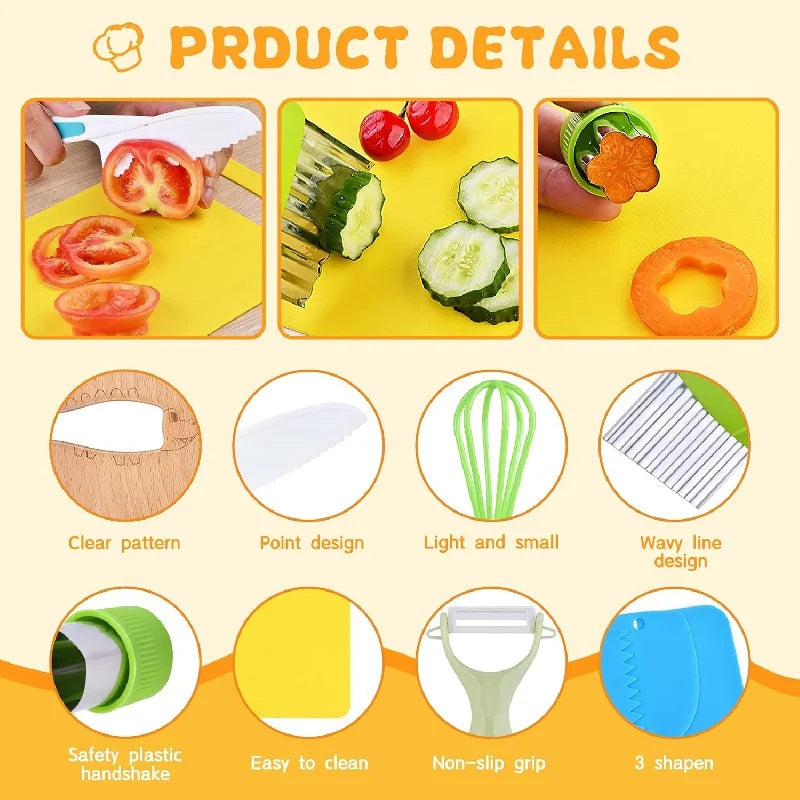 Set di Utensili da Cucina Montessori 11/17 Pezzi, Giocattoli per Cuocere, Coltelli Sicuri per Bambini con Tagliere, Accessori da Cucina Reali per Bambini
