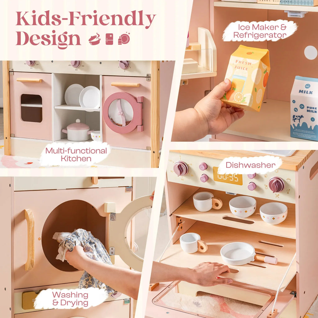 Robotime Robud Set da gioco da cucina ad angolo per bambini Set da cucina in legno con suono realistico Fai finta di giocare regalo per ragazzi e ragazze Rosa