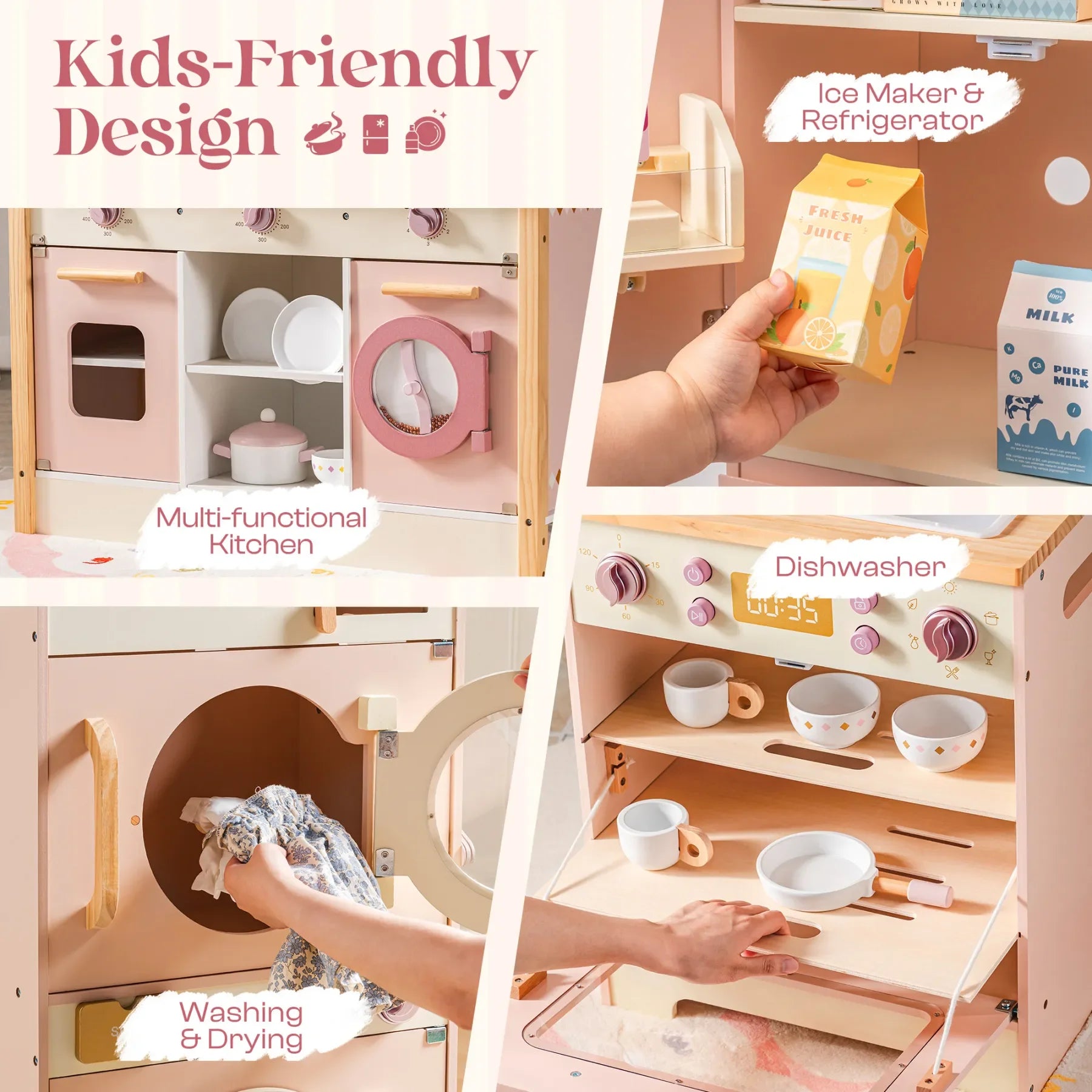 Robotime Robud Set da gioco da cucina ad angolo per bambini Set da cucina in legno con suono realistico Fai finta di giocare regalo per ragazzi e ragazze Rosa