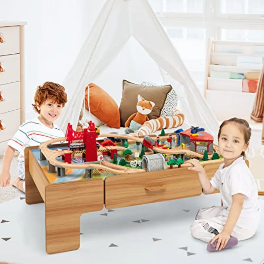 Tavolo da Gioco per Bambini 3-5 Anni: Tavolo Attività in Legno con Cassetto Portaoggetti, Binari, Treni, Auto, Piano Reversibile in Legno Naturale