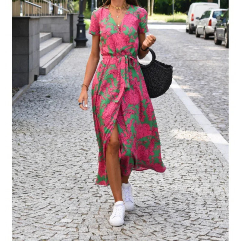 Abito Midi Stampato alla Moda con Spacco, Scollo a V, Maniche Corte, Vita Alta, Gonna a Trapezio, Stile Street, in Poliestere e Spandex, da Donna
