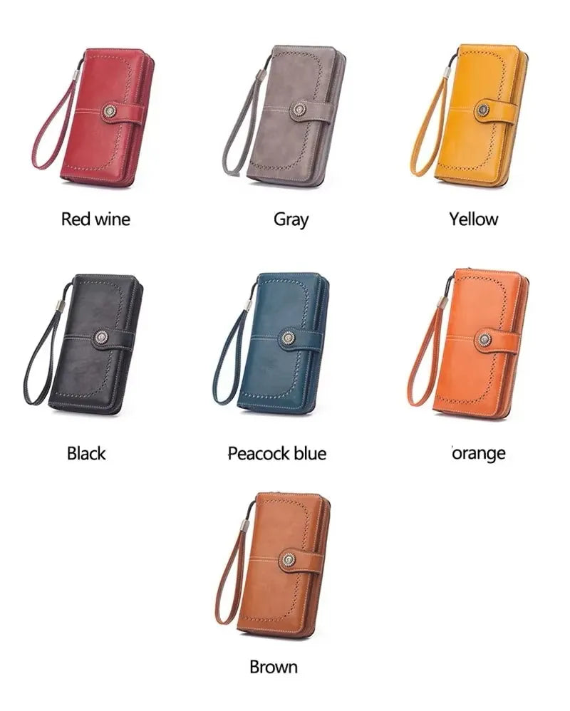 Borsa a mano in pelle cerata con blocco RFID, porta carte di credito multifunzionale a doppia piega, portafoglio da donna lungo retrò di grande capacità