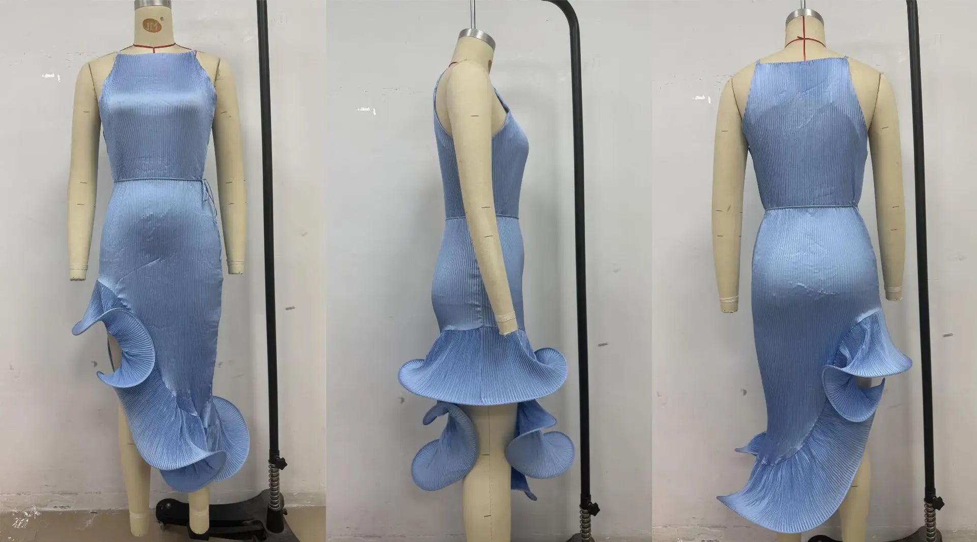 Elegante Abito Lungo Giallo Halter da Donna Senza Maniche con Balze Irregolari e Spacco Alto, Vestito Aderente Romantico per Ospiti di Matrimoni e Feste 2026
