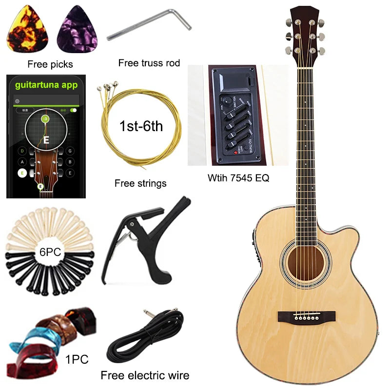 Chitarra elettrica acustica a corpo sottile Chitarra per principianti con Gig Bag gratuito Corda libera Colore bianco naturale Sunburst nero