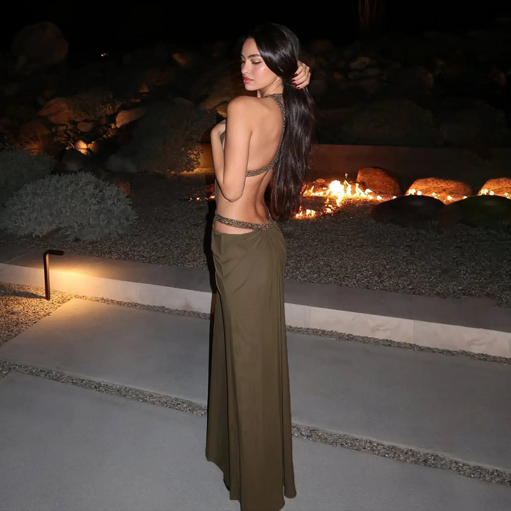 Abito lungo da donna sexy Halter scava fuori senza schienale senza maniche increspato abiti lunghi da sera Party Chic Robe verde viola estivo