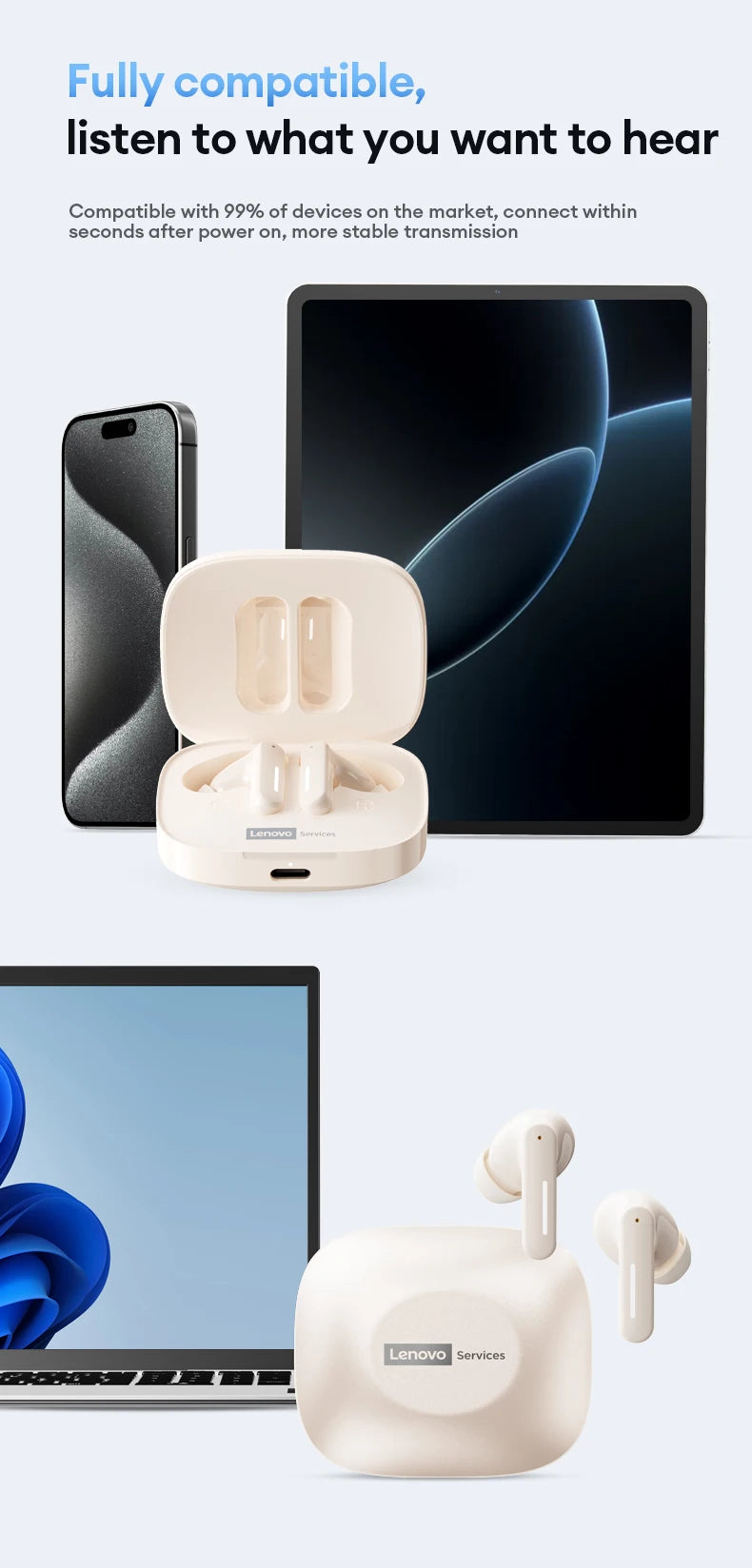Nuovo Lenovo LE209 Aggiornamento Wireless Bluetooth 6.0 Auricolare con cancellazione del rumore Cuffie sportive 30H Batteria a lunga durata Cuffie con microfono