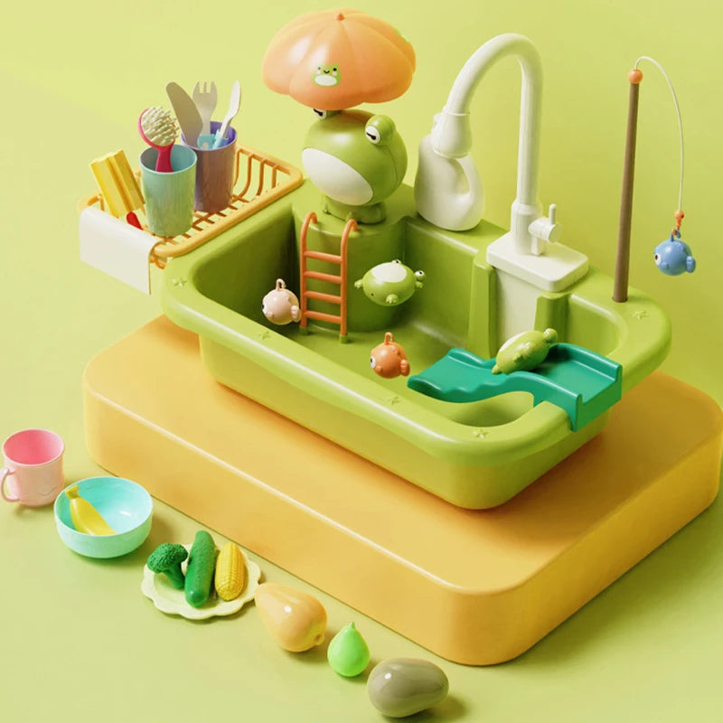 Giocattolo Lavello da Cucina per Bambini, Lavastoviglie Elettrica con Acqua Corrente, Gioco di Imitazione con Cibo e Pesca, Regalo per Bambine