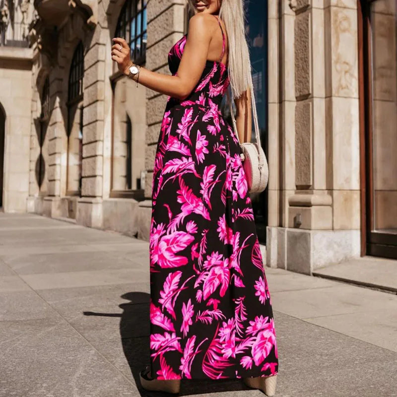 Abito lungo sexy con stampa retrò e motivo a pieghe, vestito estivo alla moda con spalline, abito bohémien a vita alta senza maniche con stampa a fantasia.