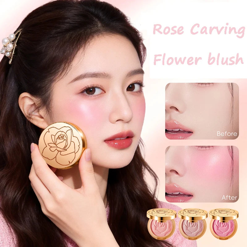 Fard in polvere opaco effetto velluto con rose in rilievo, tinta per guance a lunga durata, rosa marrone naturale, palette monocolore per contouring