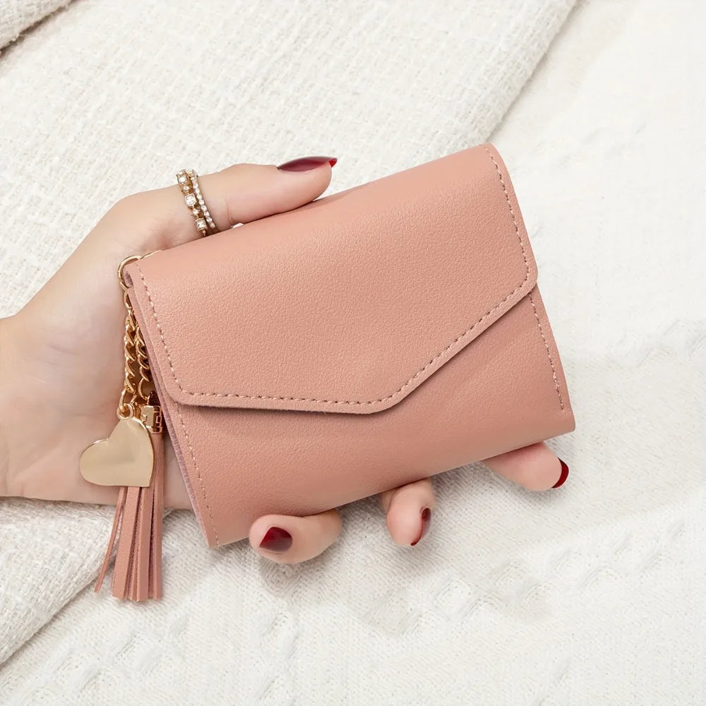 Nuovo portafoglio compatto da donna con pochette Portamonete ultrasottile portatile in pelle PU con porta carte di credito con nappa Portafoglio corto da donna