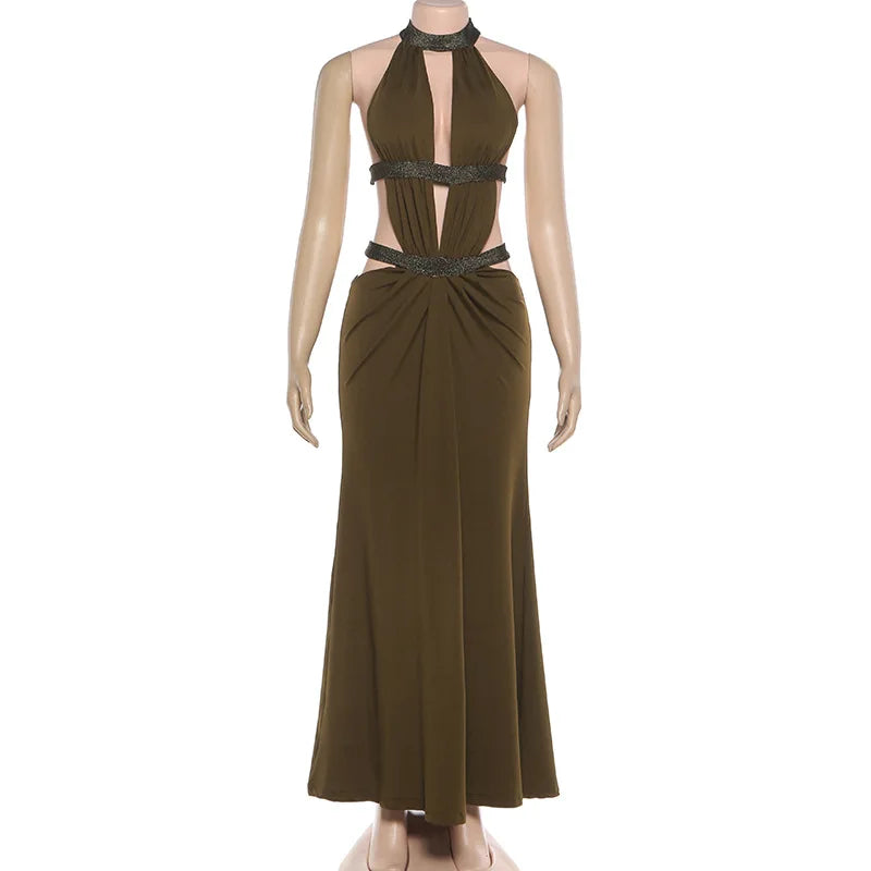 Abito lungo da donna sexy Halter scava fuori senza schienale senza maniche increspato abiti lunghi da sera Party Chic Robe verde viola estivo