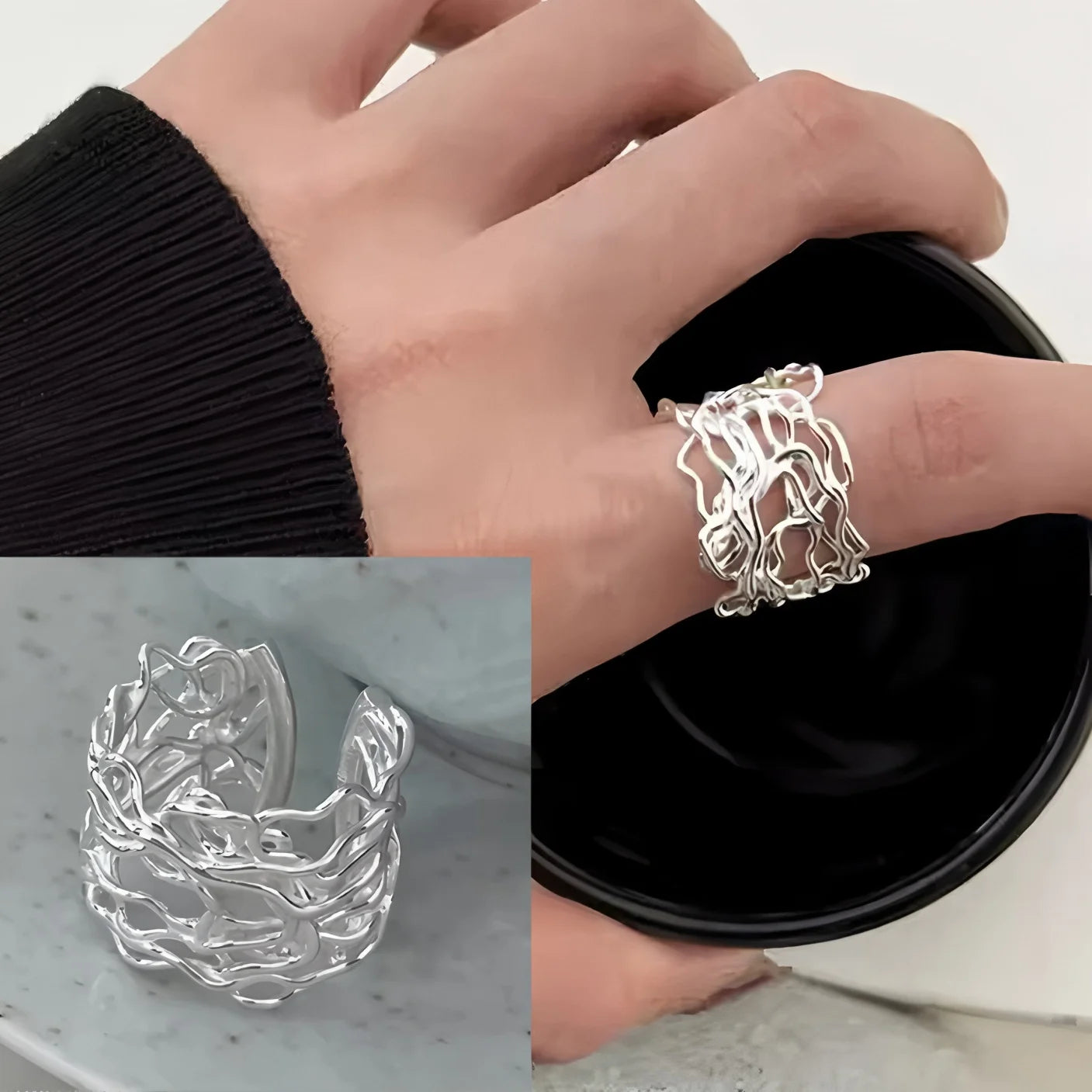 PANJBJ 925 anelli in pietra nera geometrica in argento sterling per le donne ragazza coreana semplice regolabile coppia gioielli Dropshipping