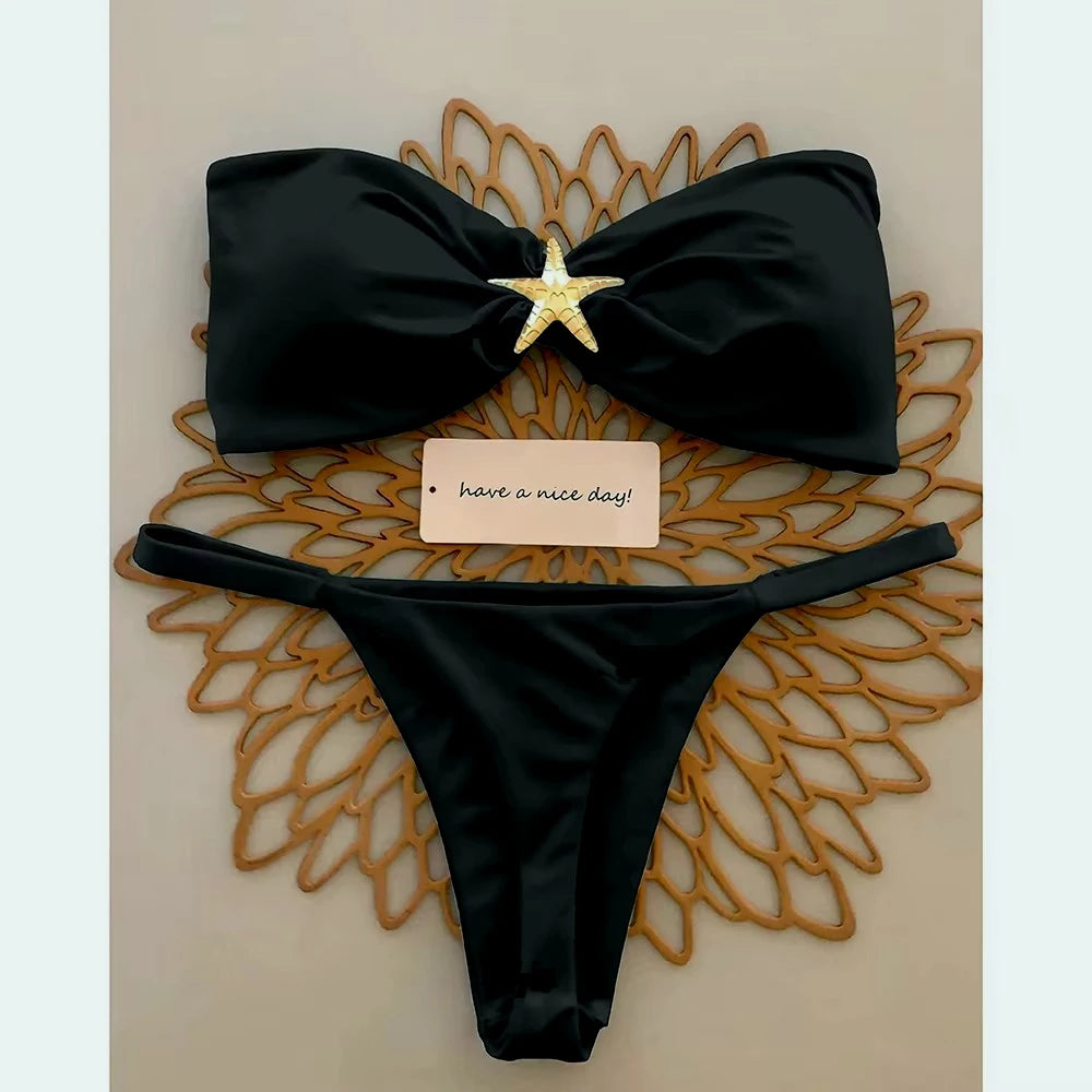 Costume da bagno sexy a fascia 2026 da donna, blu cielo con ornamento a stella marina, push-up, perizoma brasiliano, micro bikini da spiaggia