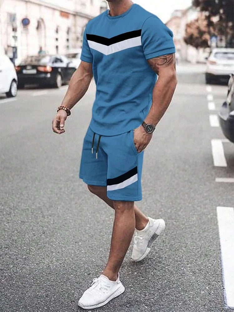 T-shirt a maniche corte con stampa a righe da uomo estiva Pantaloncini in vita elastica Set da 2 pezzi Set di pantaloncini con tasche T-shirt allentata con o-collo taglie forti